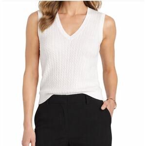 L.L. Bean Cable Knit Cotton Blend White V-Neck Vest in Size Medium